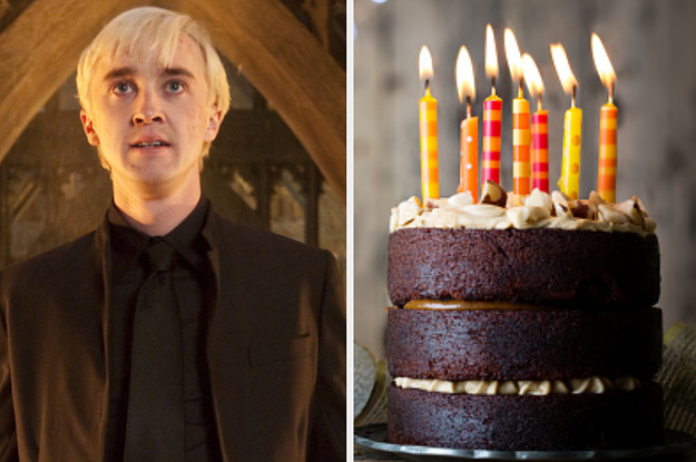 Draco Malfoy stands in a hall on the left with a chocolate cake with candles on the right