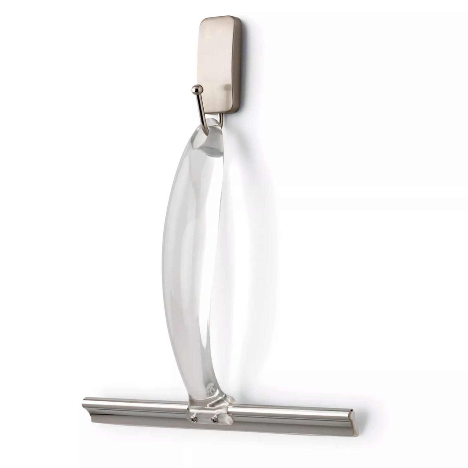 Silver squeegee hanging on a silver wall hook