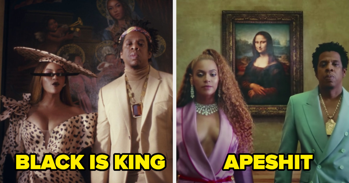 Beyoncé and Jay-Z standing in front a painting of her, and Beyoncé and Jay-Z standing in front of the Mona Lisa