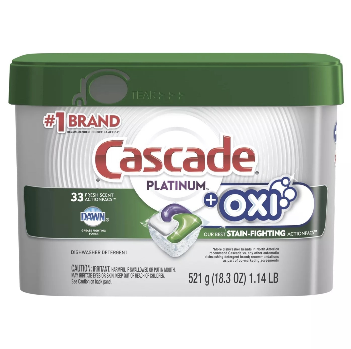 White and clear tub of Cascade Platinum + Oxi Stain-Fighting ActionPacs