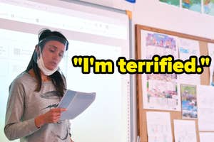 A teacher at the front of their classroom wearing a mask and face shield, next to the quote: