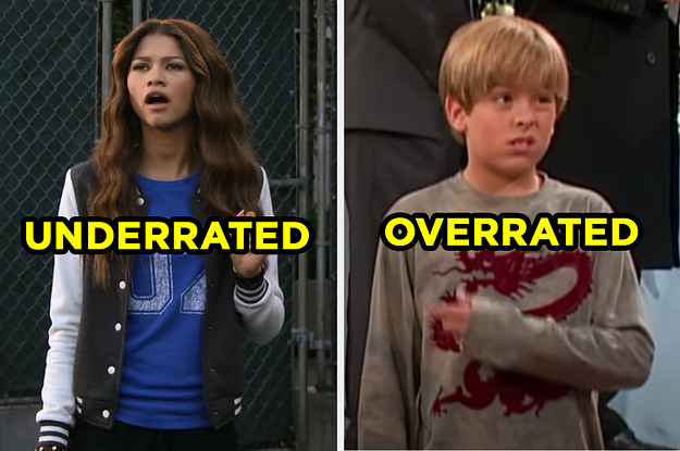 On the left, Zendaya as K.C. in "K.C. Undercover" with "underrated" typed under her face, and on the right, Dylan Sprouse as Zack in "The Suite Life of Zack & Cody" with "overrated" typed under his face