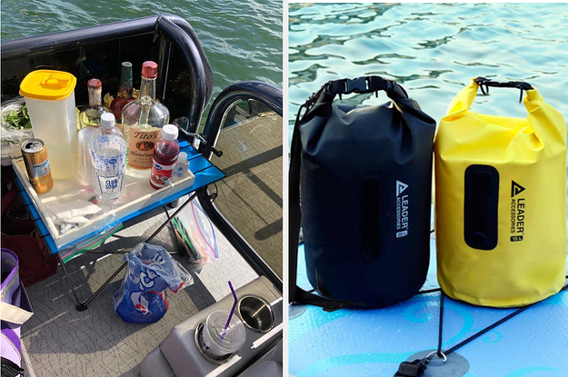(left) Foldable table (right) Two dry bags on a kayak