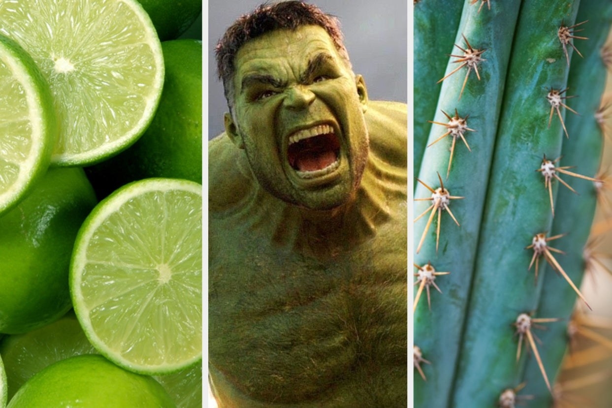 Three pictures side by side of limes, the Hulk, and a cactus