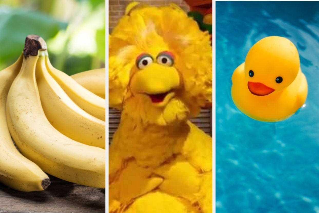 Three pictures side by side of bananas, Big Bird from Sesame Street, and a rubber duck