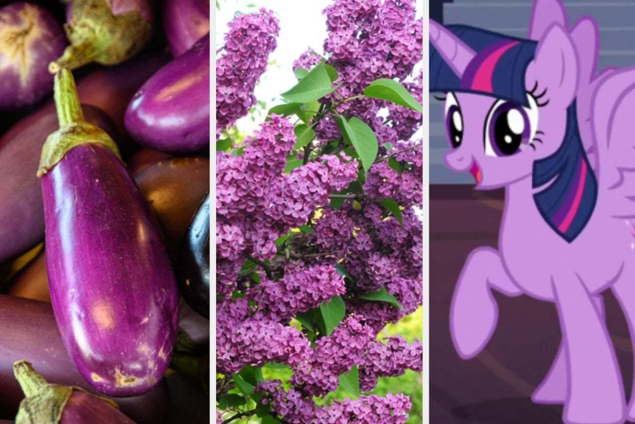 Three pictures side by side of eggplant, lilacs, and Twilight Sparkle from My Little Pony