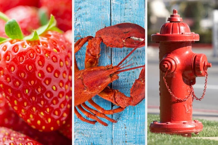 Three pictures side by side of a strawberry, a lobster, and a fire hydrant