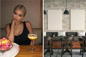 Kylie Jenner with a drink, and restaurant interior. 