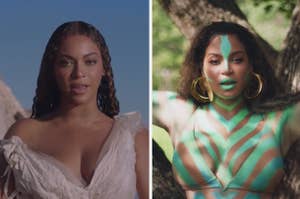Beyonce in a white dress and in body paint