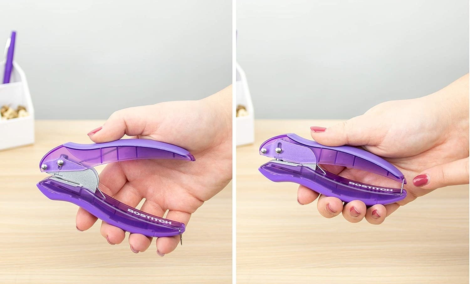 A person squeezing the handle of the hole punch.