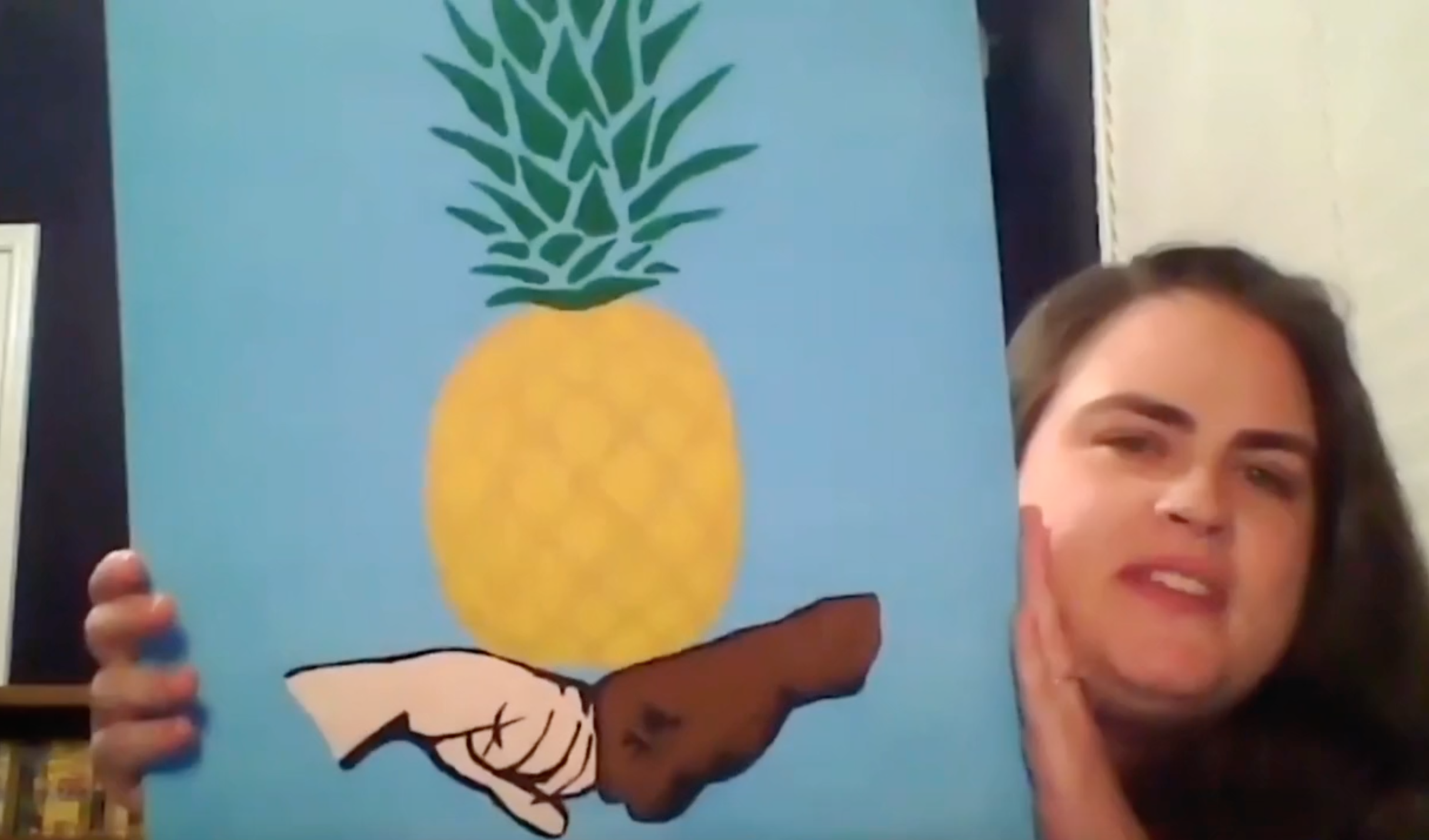 A &quot;Psych&quot; painting of a pineapple above a fist bump from Gus and Shawn.
