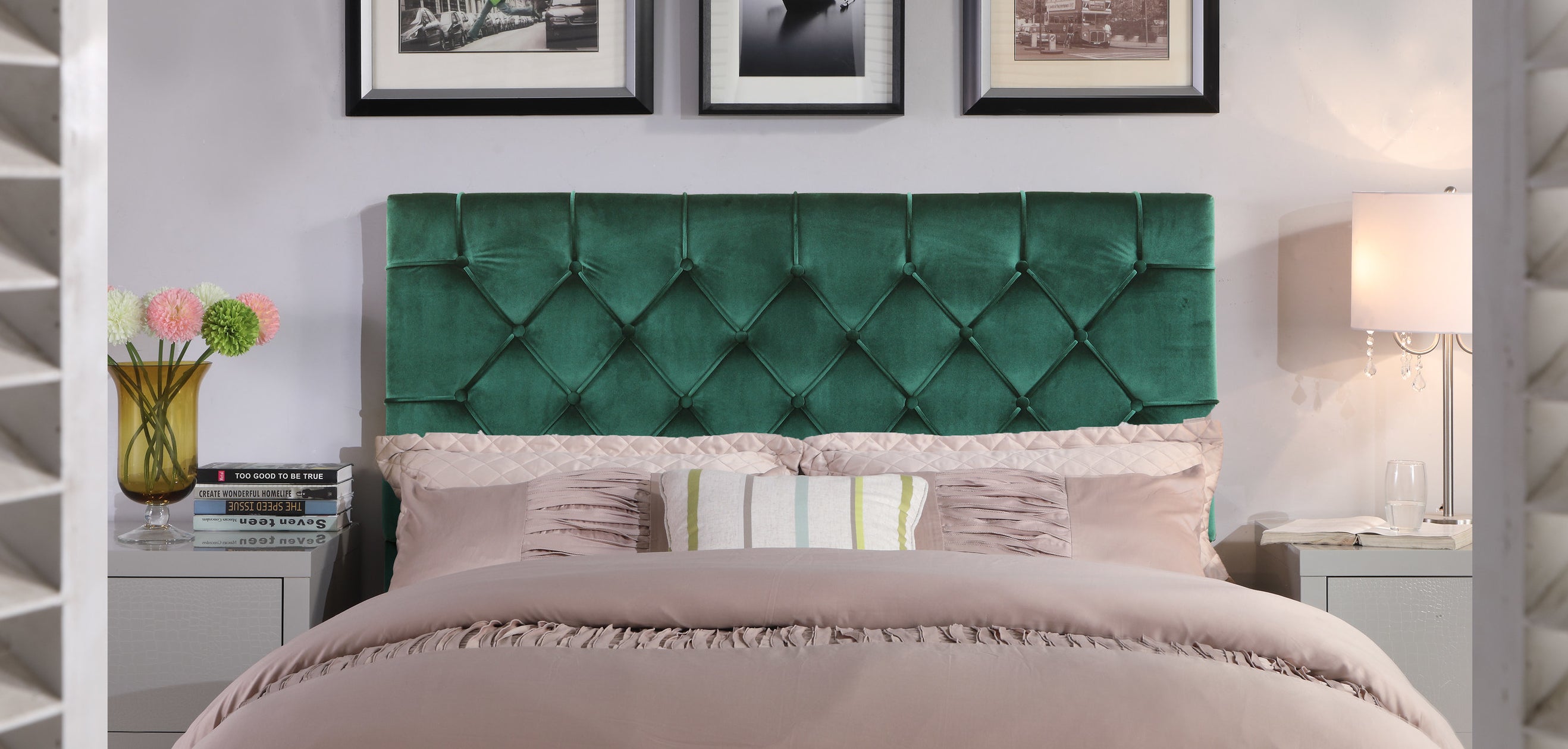 the quilted green velvet headboard