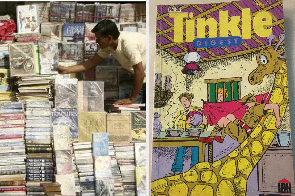 Image of a road-side book stall in India along with a photo of Tinkle Digest, a popular Indian comic book.