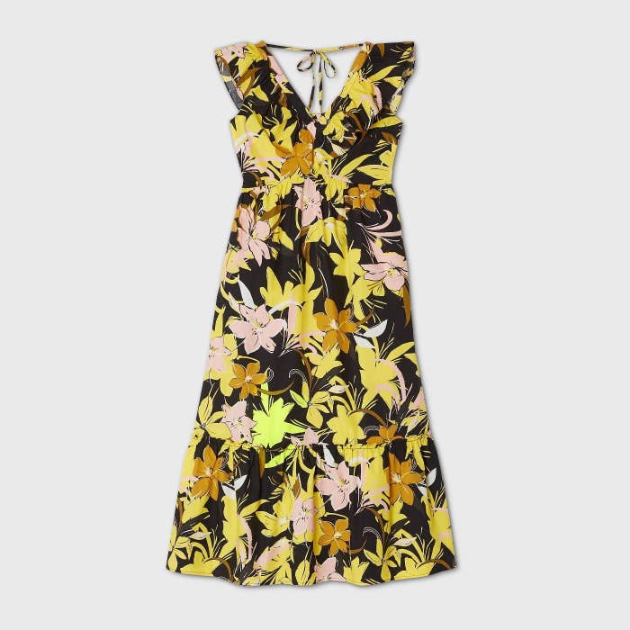 A v-neck black and yellow floral dress