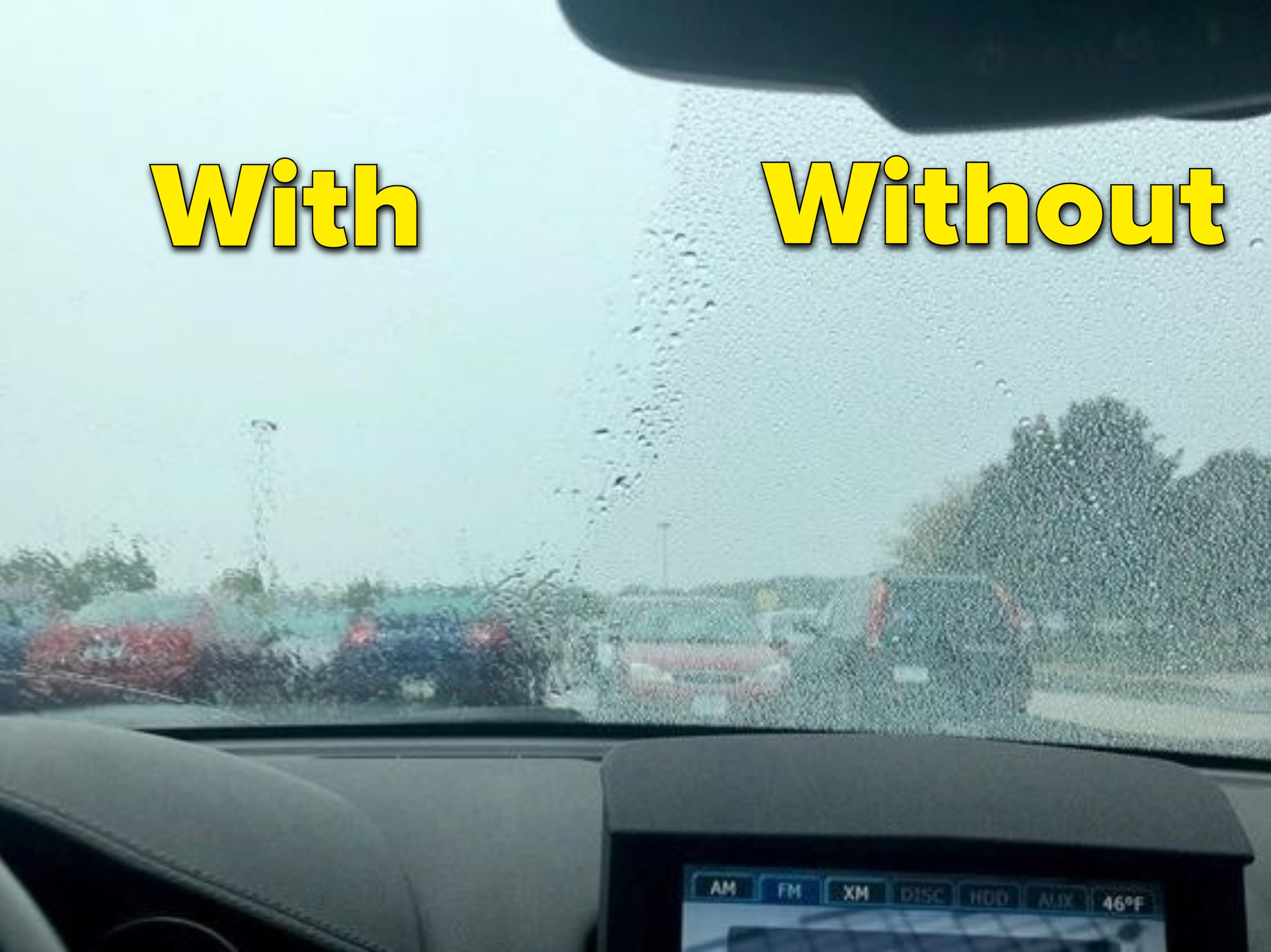 A customer review photo of their car&#x27;s windshield with half of it clear,  the other untreated half covered in raindrops