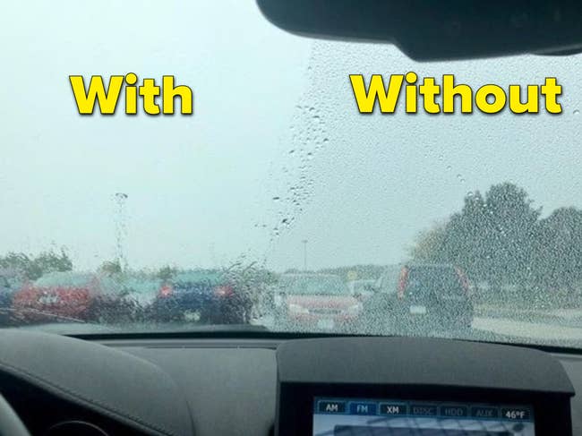 A customer review photo of their car's windshield with half of it clear,  the other untreated half covered in raindrops