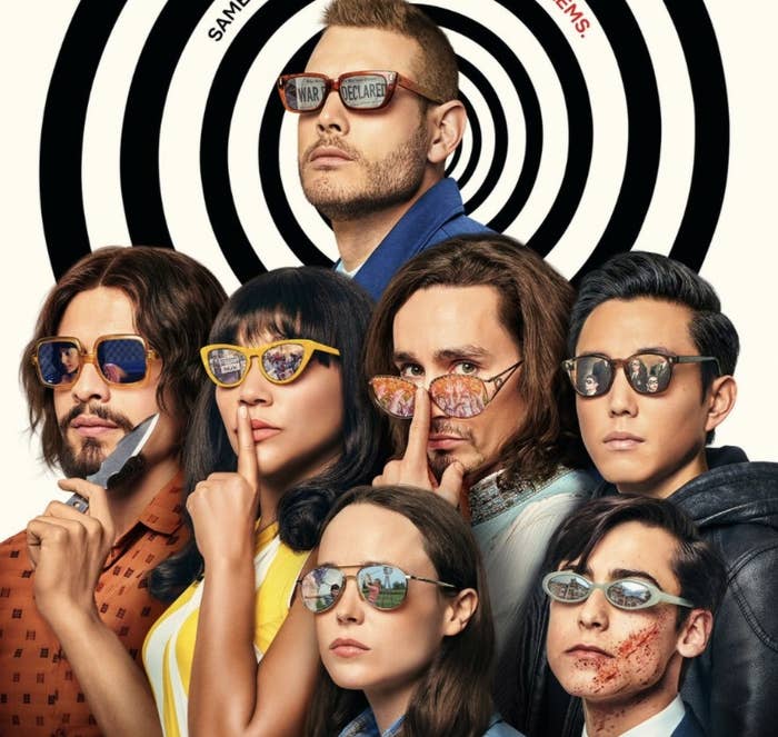 A promotional photo for season two of The Umbrella Academy featuring the main cast wearing sunglasses.