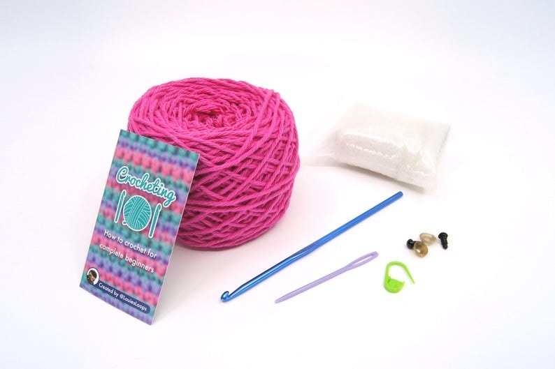 The contents of the Crocheting 101 starter kit