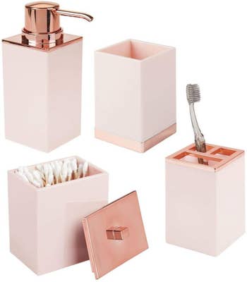 set of soap dispenser, storage cup, toothbrush organizer, and storage box