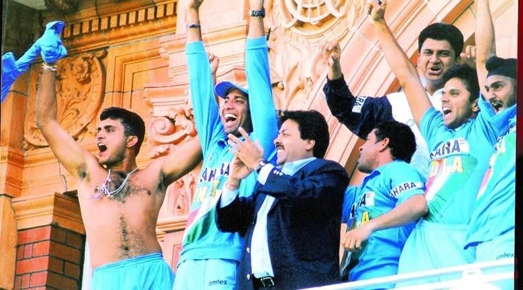 Image of Sourav Ganguly, the former Indian cricket captain, celebrating a win with his teammates.