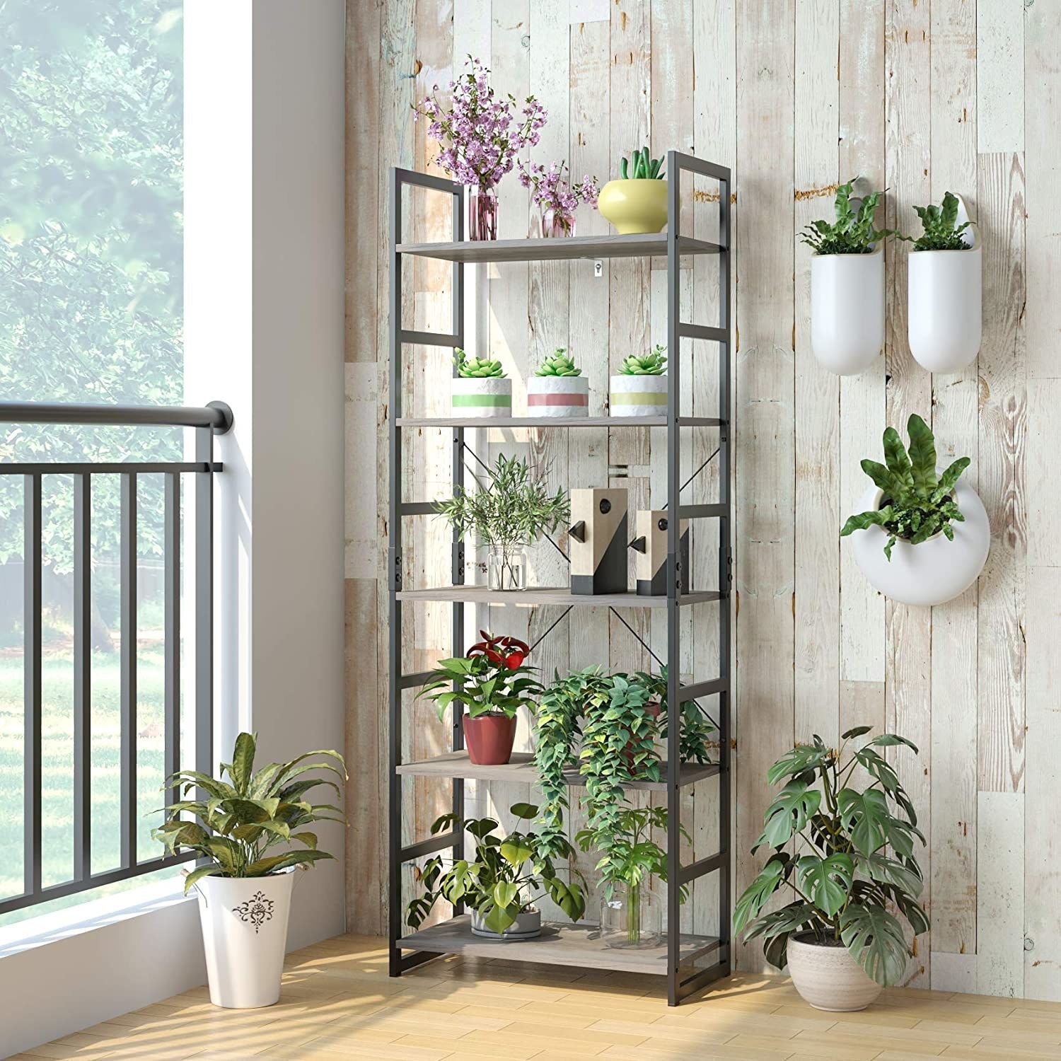 five-tier open bookcase with house plants on it