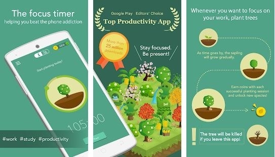 A banner consisting of 3 images, advertising the Forest app, which is shown to be Google Play Editor&#x27;s Choice for Top Productivity App.