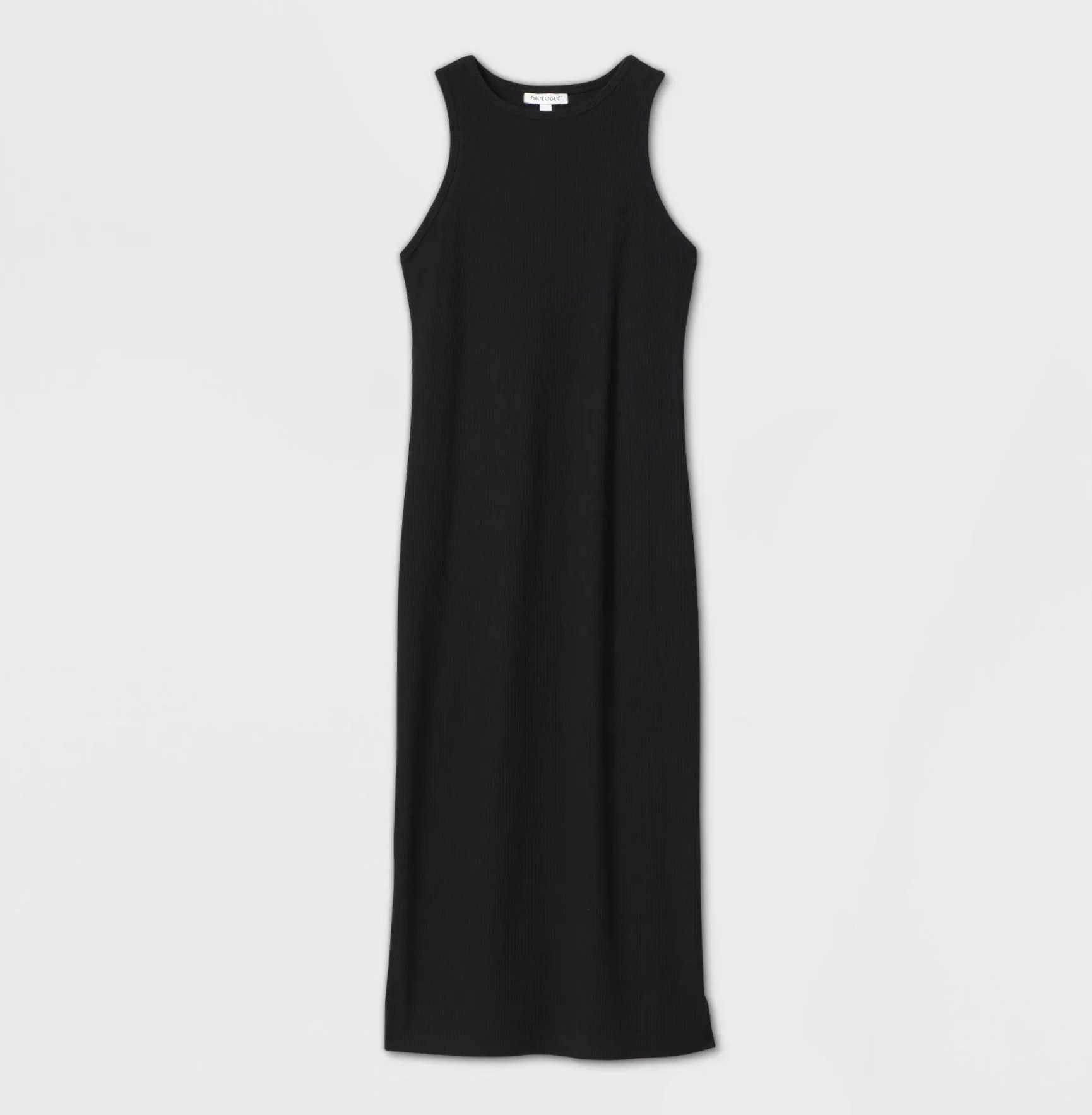 Black sleeveless dress with high-neck detailing and an ankle-length shape