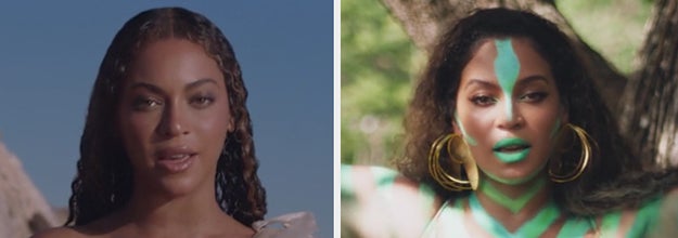 Beyonce in a white dress and in body paint