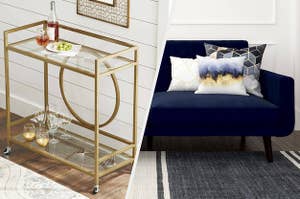 to the left: a gold and glass bar cart, to the left: a blue couch