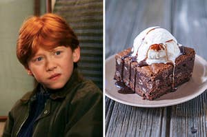 Ron Weasley is looking concerned on the left with a brownie and ice cream on the right