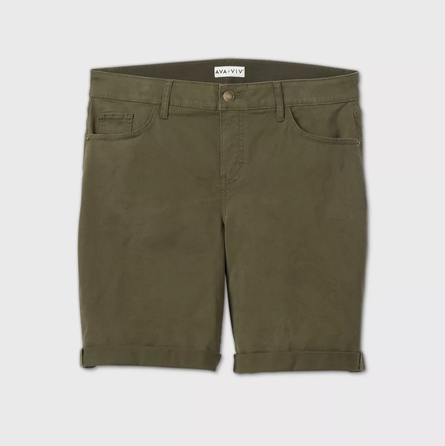 Green Bermuda shorts with a gold button 