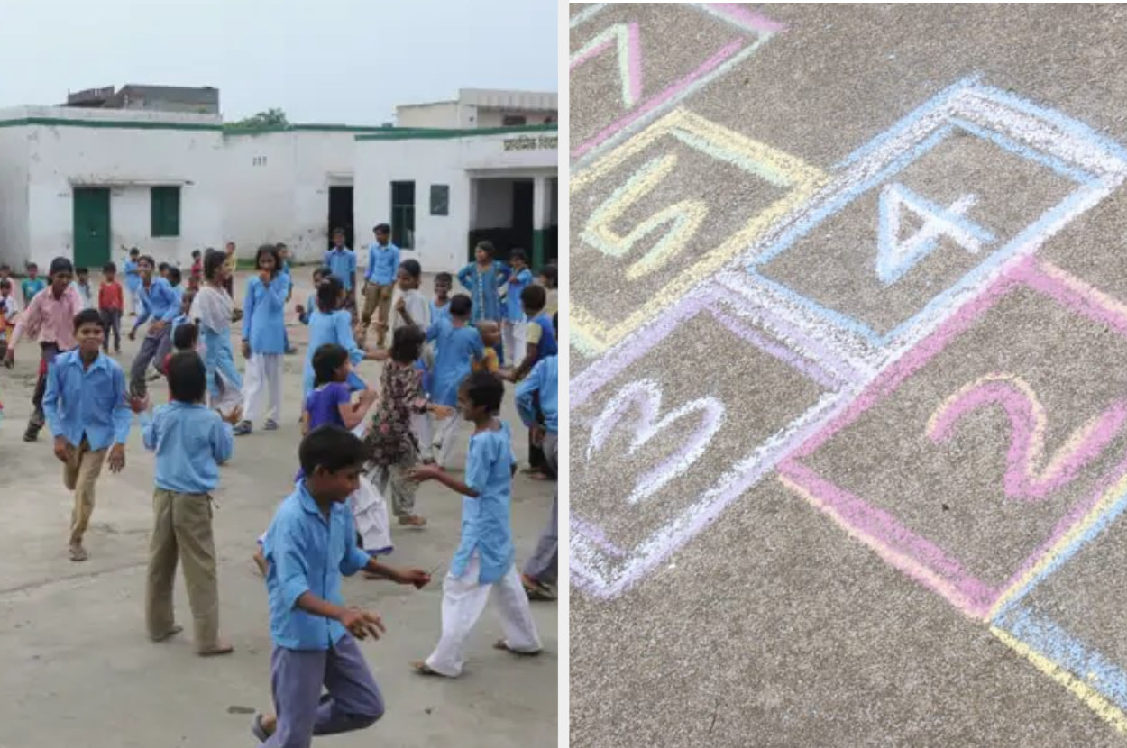 Image of kids in a school playground along with an image of the game of hopscotch. 