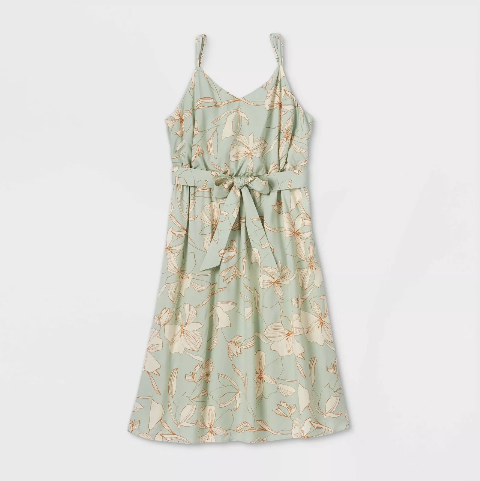 Tie-waist sleeveless green dress with white floral print