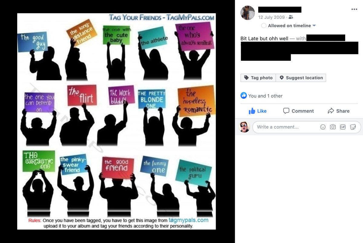 A screengrab of a facebook photo showing the image and the caption which reads bit late but oh well. The image shows several silhouettes of people holding up identifying traits like the good guy, the hopeless romantic and the funny one