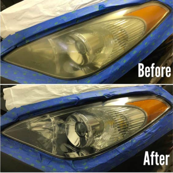 Above, a very cloudy headlight and the text &quot;Before.&quot; Below, the same headlight looking super clear with the text &quot;After.&quot; The reviewer has used blue masking tape around the edges of the headlight as they worked