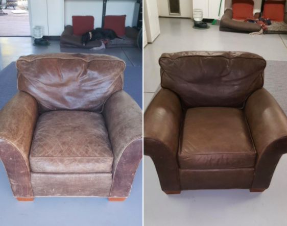 A before and after of a leather chair showing it looking refreshed after using the balm