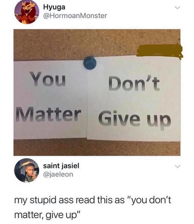Picture that says you matter don't give up and a response that says my stupid ass read this as you don't matter give up
