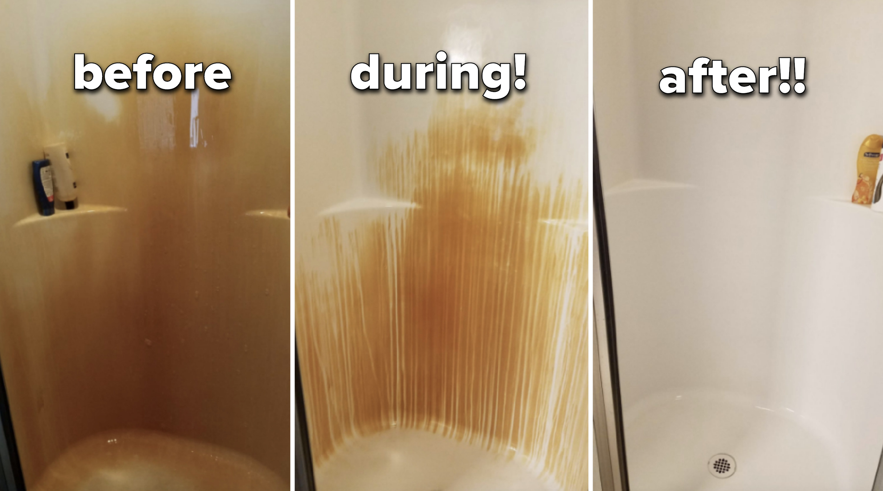 Reviewer&#x27;s progress pic of using the spray gel on their shower. The &quot;during&quot; pic shows rust dripping off the shower walls, and the after shows a rust stain-free shower.
