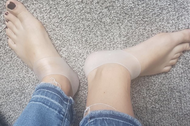 a reviewer wearing heel grips