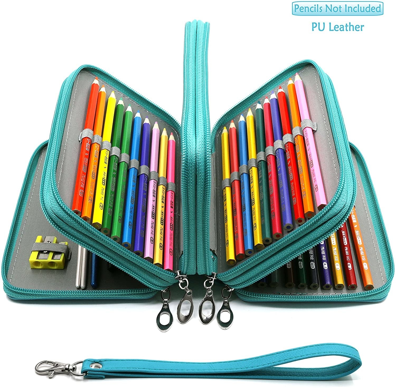 teal zippered pouch with pencil loops for colored pencils