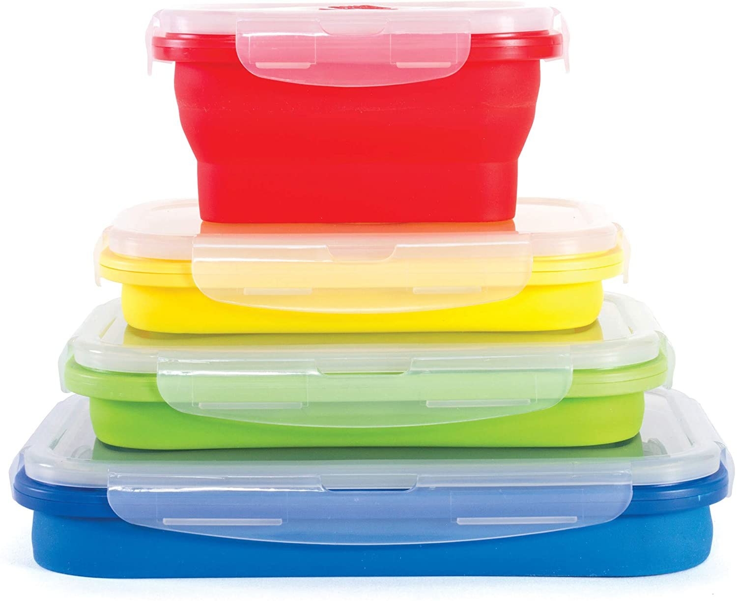 The collapsible containers in a stack from small to big in red, yellow, green, and blue