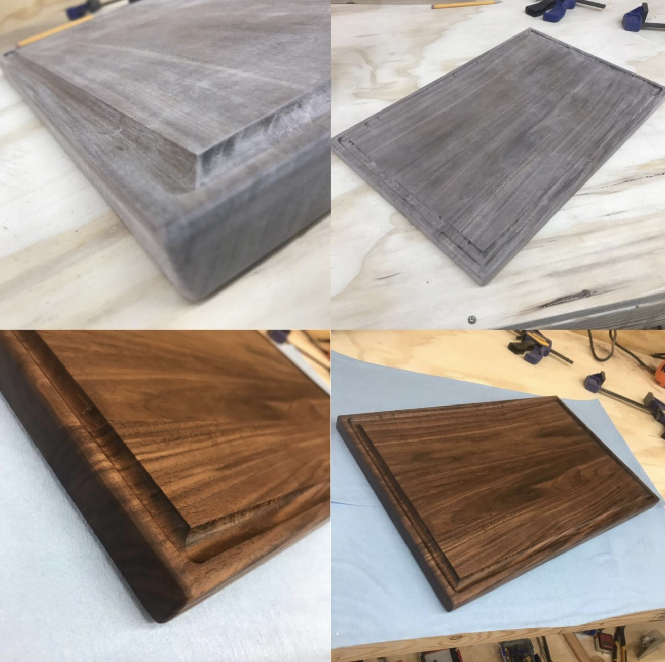 Reviewer's before/after photo after using the oil on their cutting board to restore color and shine
