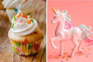 A funfetti cupcake sits on the table on the left with a unicorn on the right