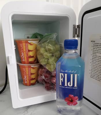The fridge open to fit two yogurt cups, two Ziplocs of fruit, and a small Fiji water bottle 
