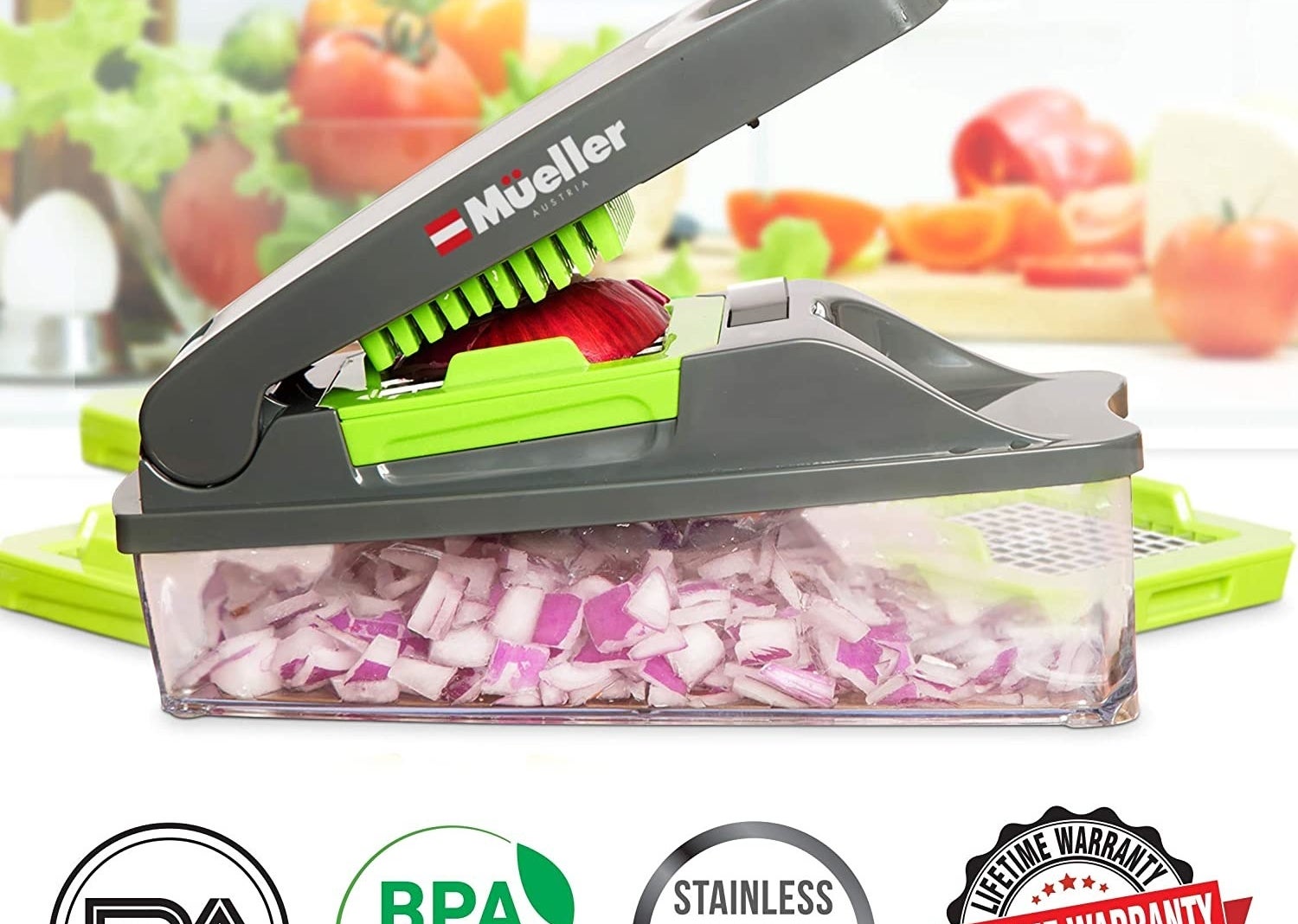 a rectangular chopper in which you place the vegetable in the top and the pieces go into a plastic container underneath