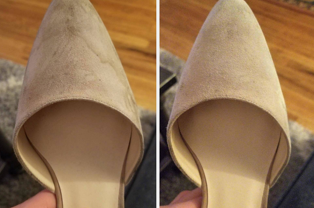 A dirty, water-stained suede pump on the left, and the same pump with 99% of the stains gone, on the right