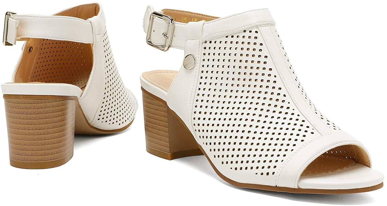 The ankle buckle sandals in white with stacked wooden heel