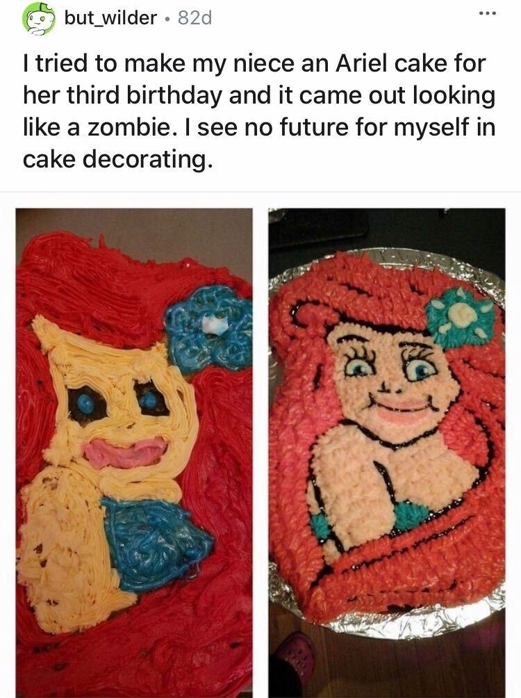 One professional cake that is decorated to look like Ariel from "The Little Mermaid" and another homemade one that unintentionally looks like a zombie version of Ariel