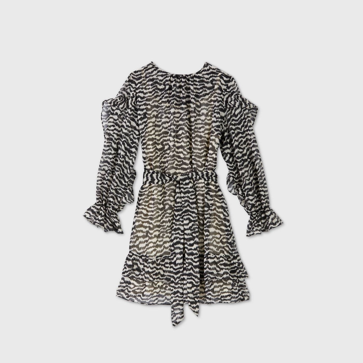 Animal print tie waisted long-sleeved dress with ruffles on sleeves 