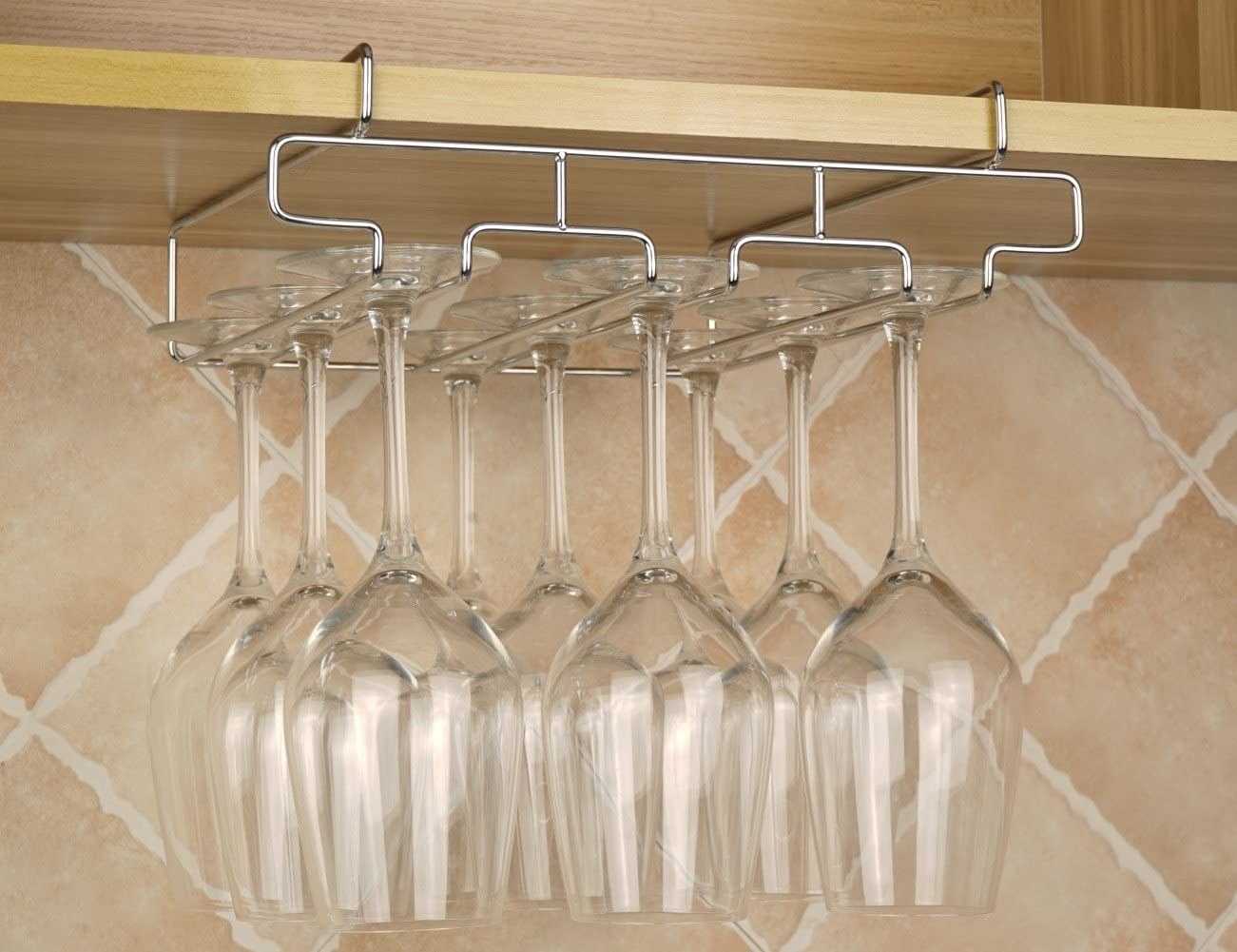 under-cabinet wine glass holder with throw rows and enough for nine glasses
